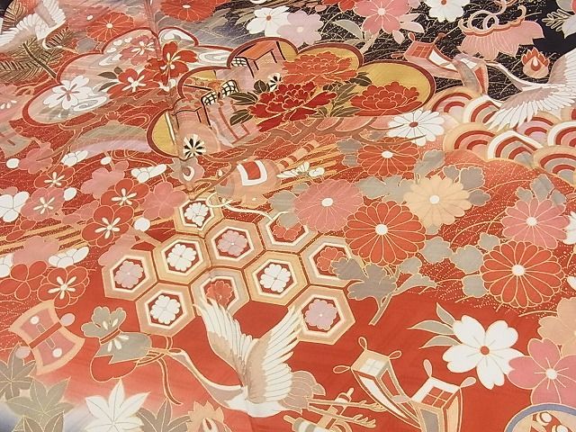 着物屋こころ□極上 振袖 駒刺繍 吉祥花文 暈し染め 金彩 着丈164cm 裄