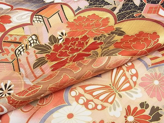 着物屋こころ□極上 振袖 駒刺繍 吉祥花文 暈し染め 金彩 着丈164cm 裄