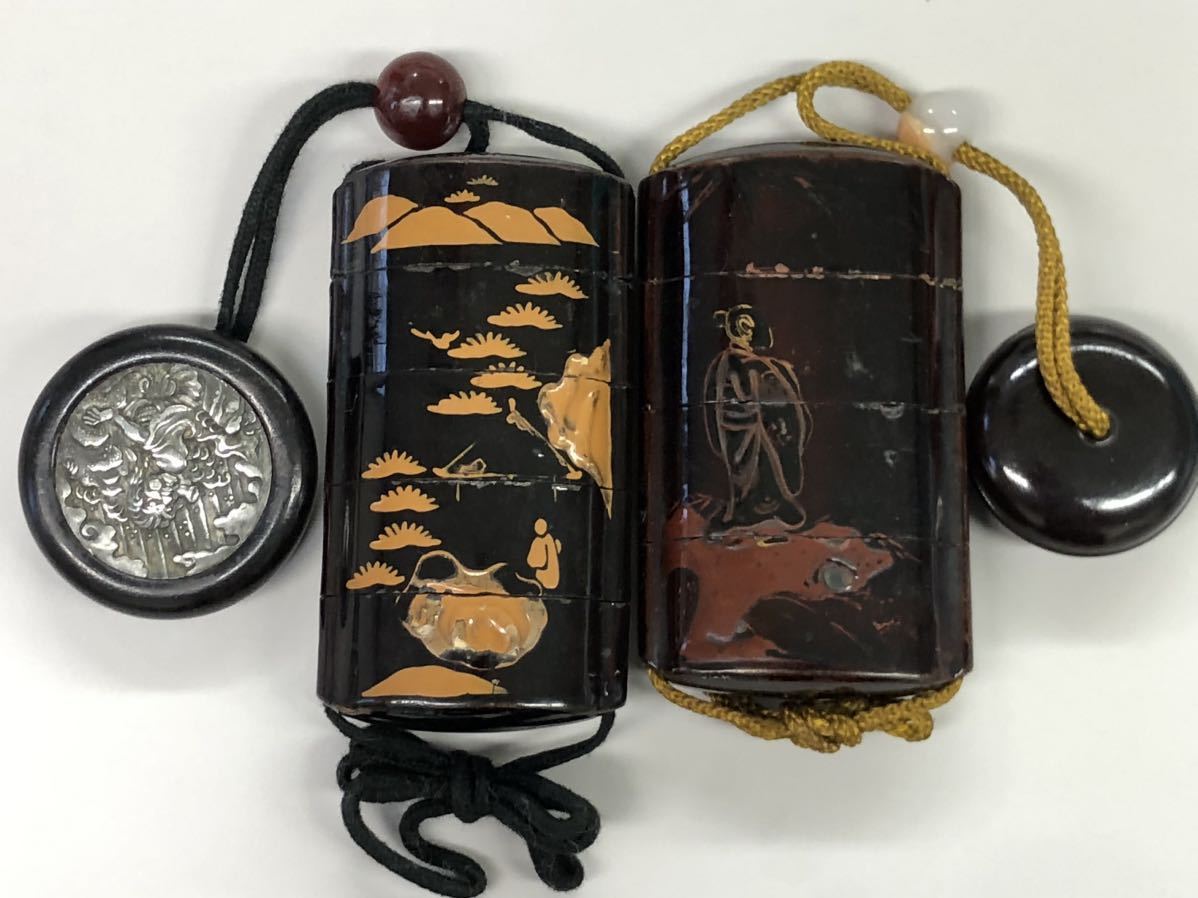 印籠 根付 2点 蒔絵 時代物 江戸時代 蒔絵印籠、根付 55g ⁄ M--22 江戸