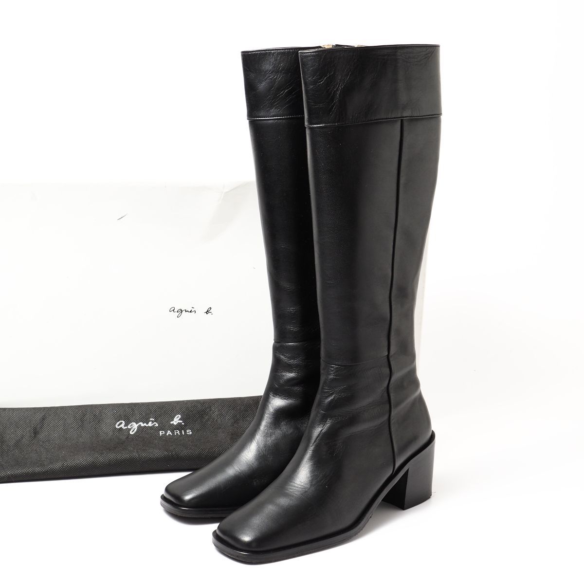 ME1238▽アニエスベー agnes b.*サイズ38*レザー*サイドジップ*スクエアトゥ*ロングブーツ/靴*ブラック*レディース