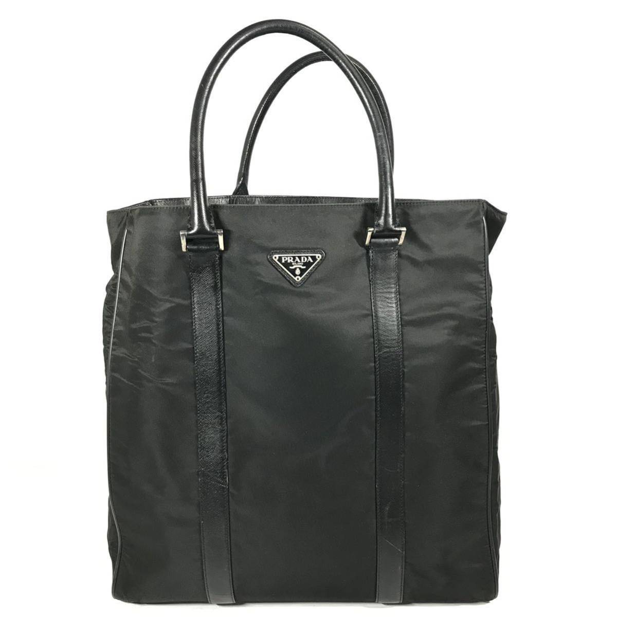 【プラダ】本物 PRADA トートバッグ 三角ロゴプレート 黒 ビジネスバッグ 書類かばん レザー×ナイロン メンズ レディース イタリア製