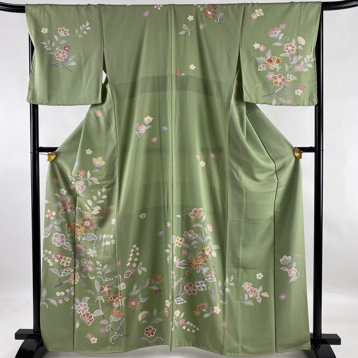 最安値，人気】 訪問着 名品 花唐草 金糸 金彩 抹茶色 袷 身丈163.5cm