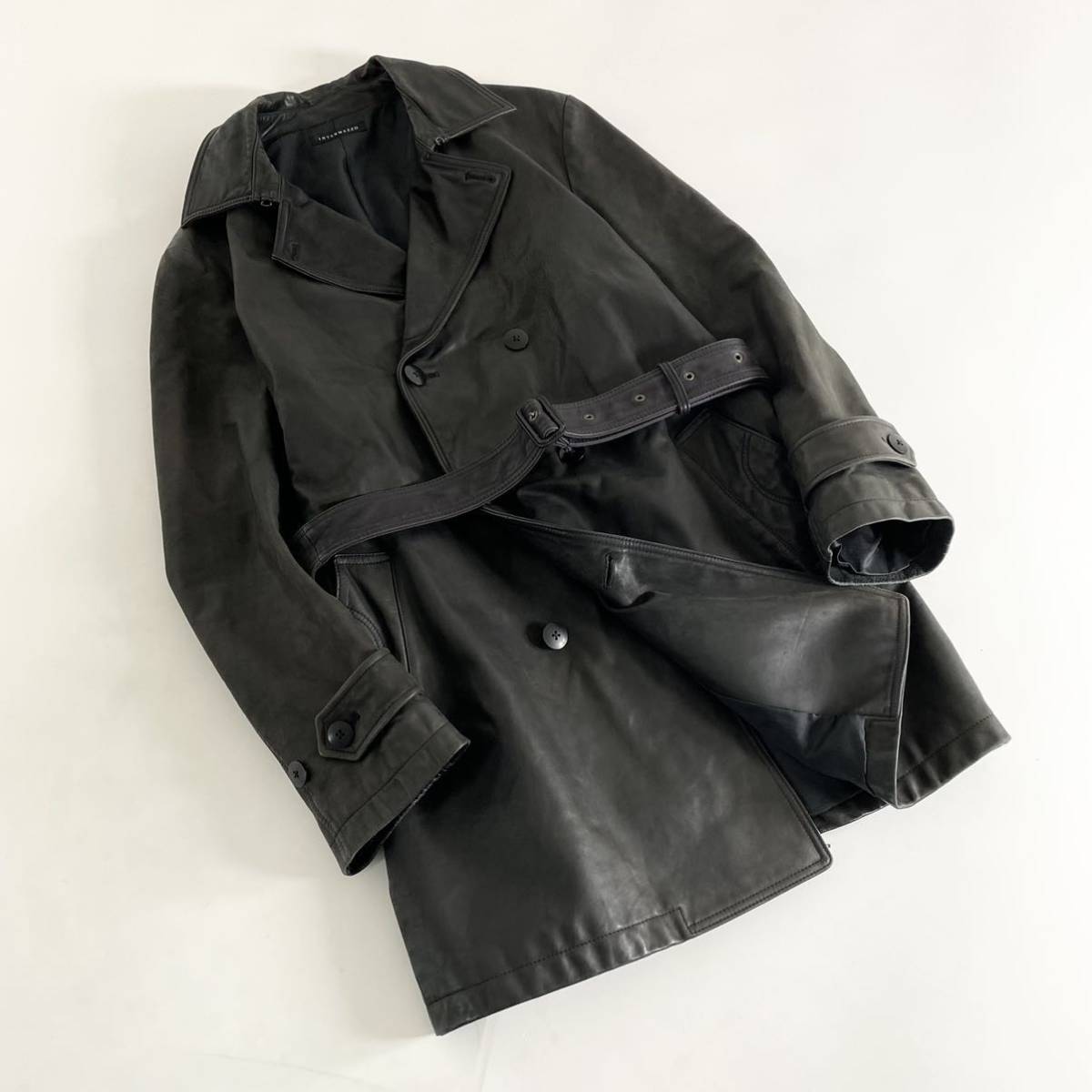 Hb13《大きいサイズ》INTERMEZZO インターメッツォ レザーコート ロングトレンチコート 本革 牛革 ウエストベルト◎ XL メンズ 男性用