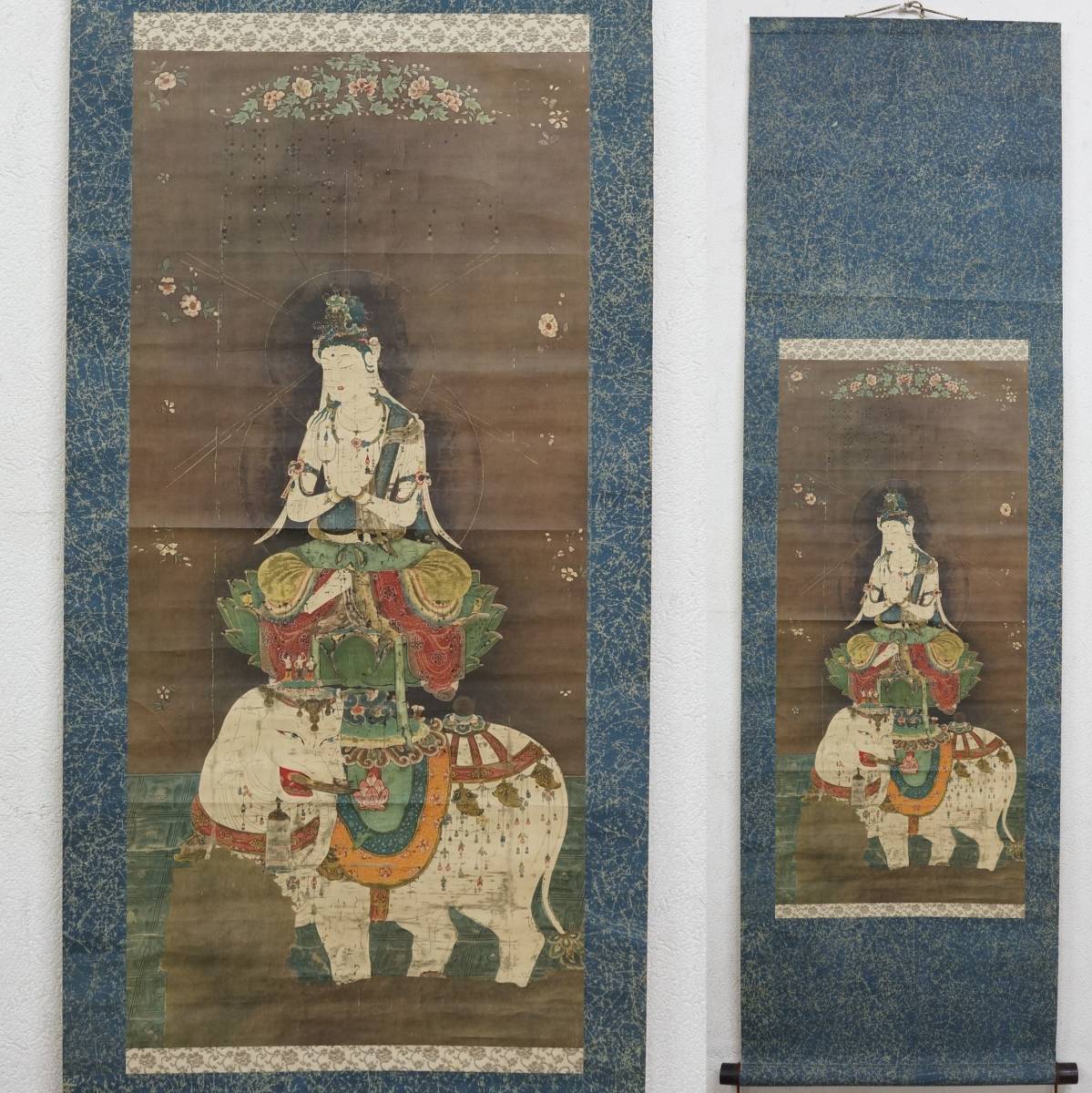 4191 俊恵房良暁 「良纂阿闇梨耶之肖像」 掛軸 日本画 絹本 共箱 1748100]【真作】市原春晃 普賢菩薩像 紺地金泥 絹本 掛軸 合箱◇仏教