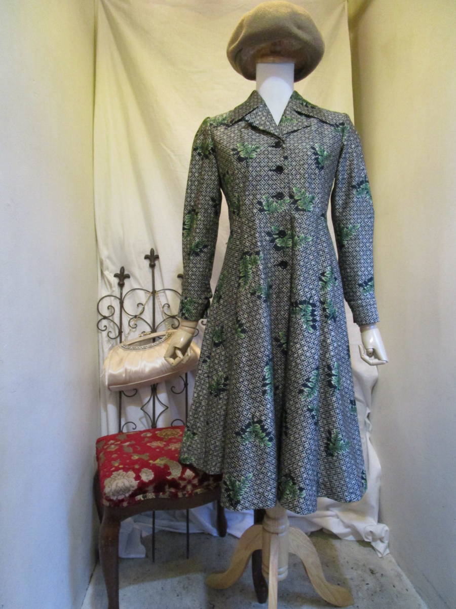 ○[60s70s80s vintage ヴィンテージ 菱形 和柄 リーフ 長袖 ワンピース230115]USED古着 昭和レトロ・モダン