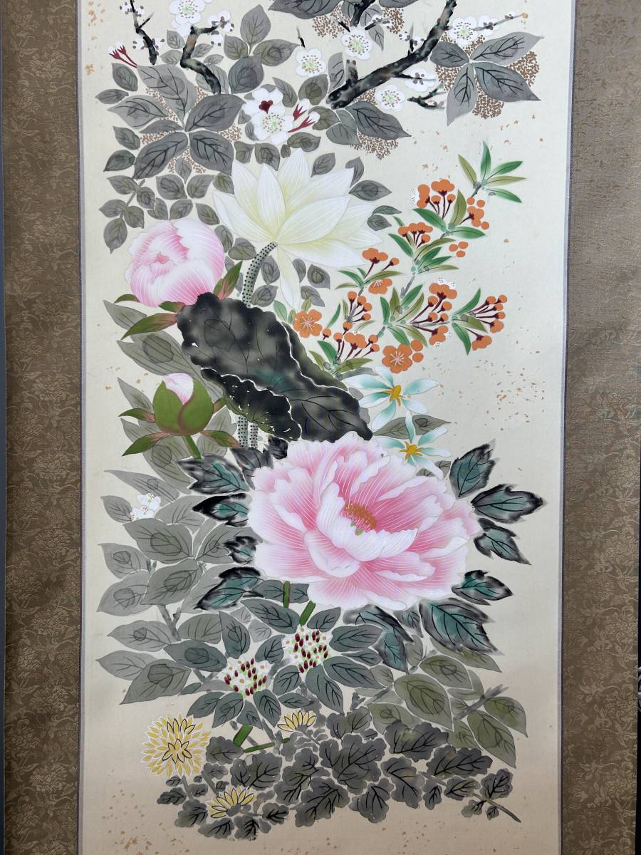 掛け軸 中国画 牡丹 花鳥図 骨董品 絹本肉筆A5658 掛け軸 中国画 牡丹