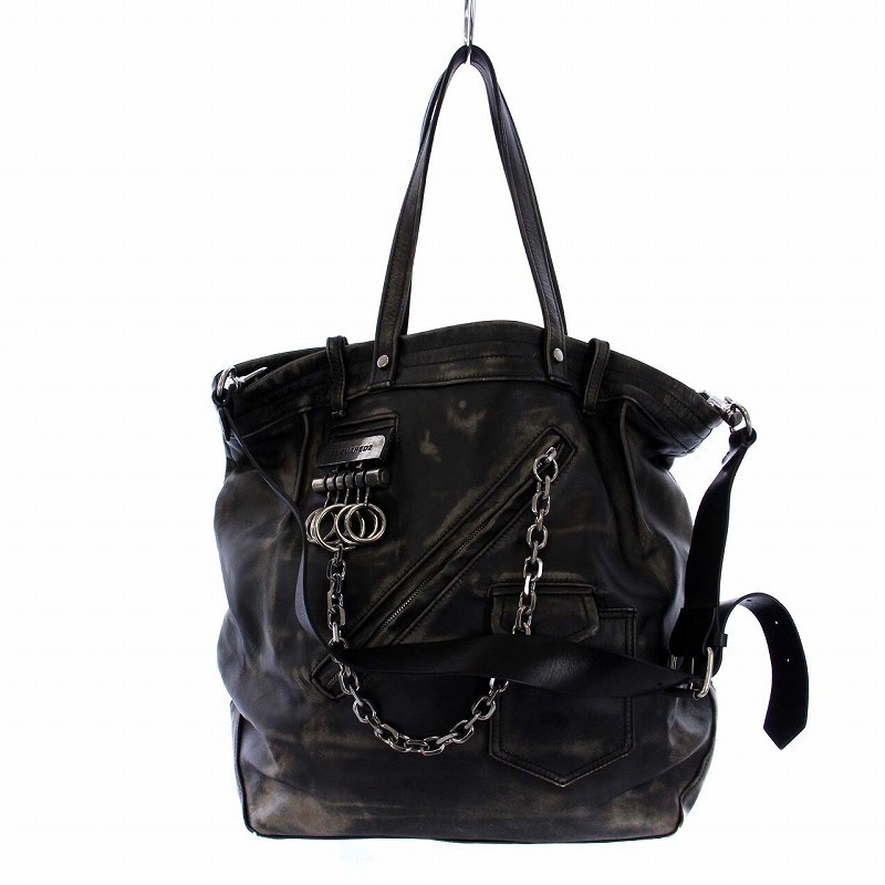 ディースクエアード DSQUARED2 トートバッグ ハンドバッグ ショルダーバッグ 2WAY USED加工 チェーン レザー 黒 ブラック /KH メンズ