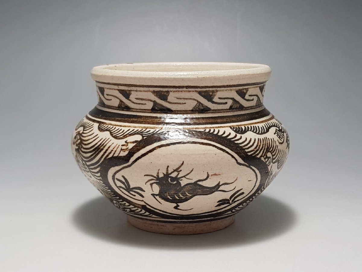 白釉 黒彩 鹿紋 壺 時代唐物 高さ約8.1cm / 花瓶 飾瓶 花插 花器 唐物