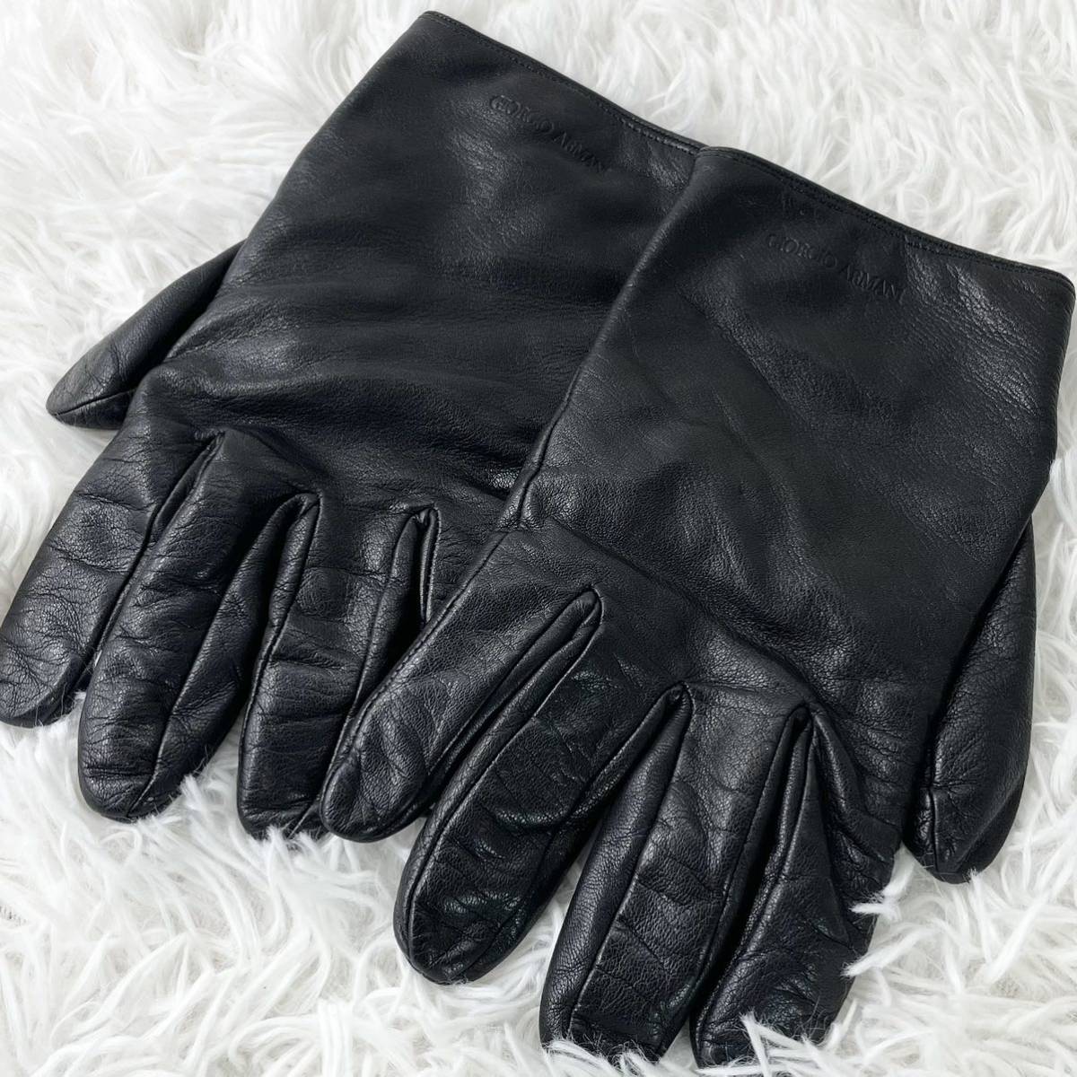 極美品 ラムレザー/Lサイズ ○ジョルジオアルマーニ レザー 手袋 グローブ 『希少ダブルネーム 』 メンズ ARMANI 裏地カシミヤ ○ブラック