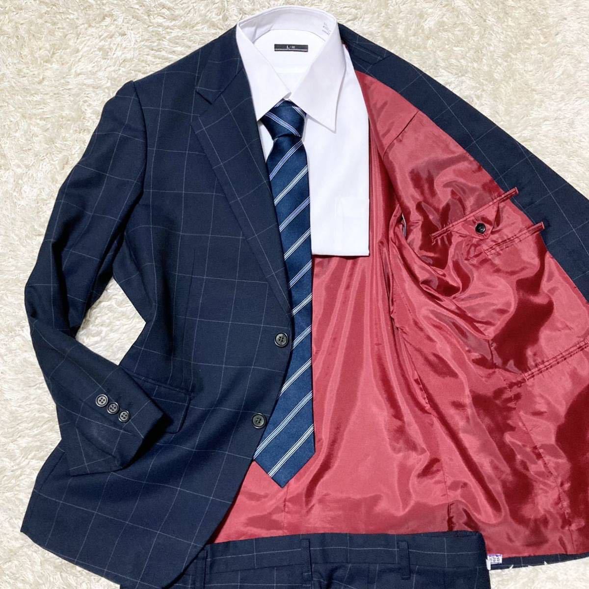 entetsu 【希少XL】 遠鉄百貨店 スーツ セットアップ テーラードジャケット ウール ネイビー 濃紺 LL位 チェック オシャレな裏地 レッド 赤