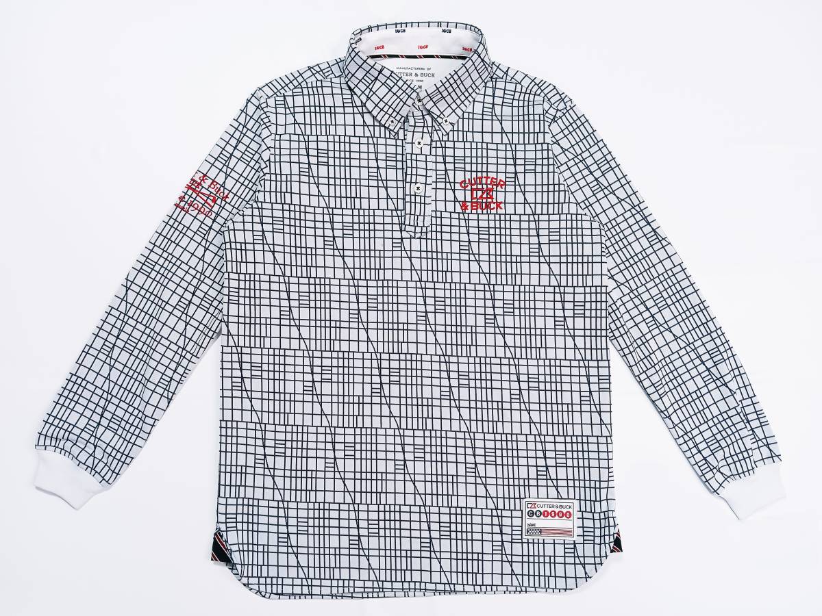 新古品！Cutter&Buck カッター&バック 胸刺繍 総柄 長袖ゴルフポロ(グレーM-L)デサント