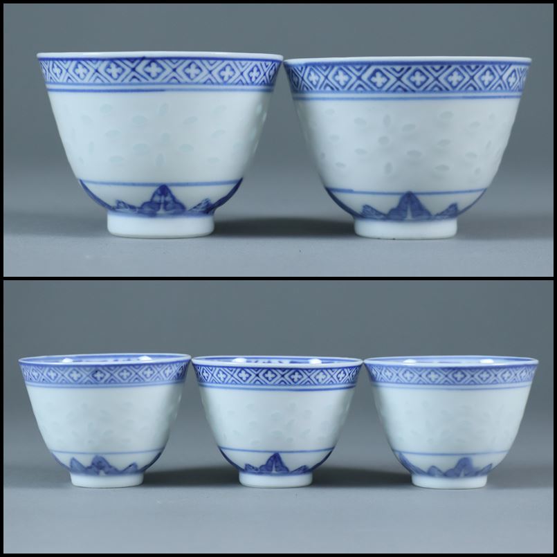奇】中国美術 玩玉 底款/ 景徳鎮製 蛍手 染付 茶器揃 急須 湯呑 煎茶碗