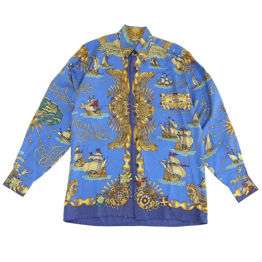  HERMES エルメス VOILES DE LUMIERE 光の帆船 シルクスカーフシャツ トップス メンズ ブルー 37 ヴィンテージ(長袖シャツ)｜売買されたオークション情報、yahooの商品情報をアーカイブ公開 - オーク 男性用