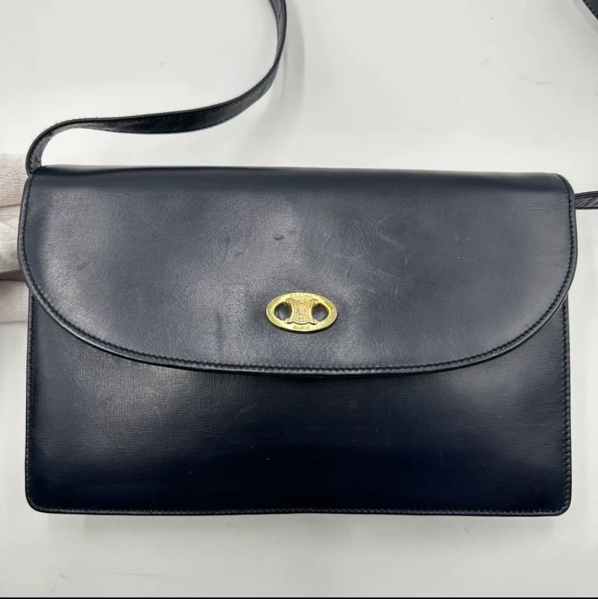 超希少 CELINE セリーヌ 斜め掛け ショルダーバッグ ポシェット ヴィンテージ トリオンフ 金具 ゴールド金具 ネイビー 紺 レザー 本革 ミニ