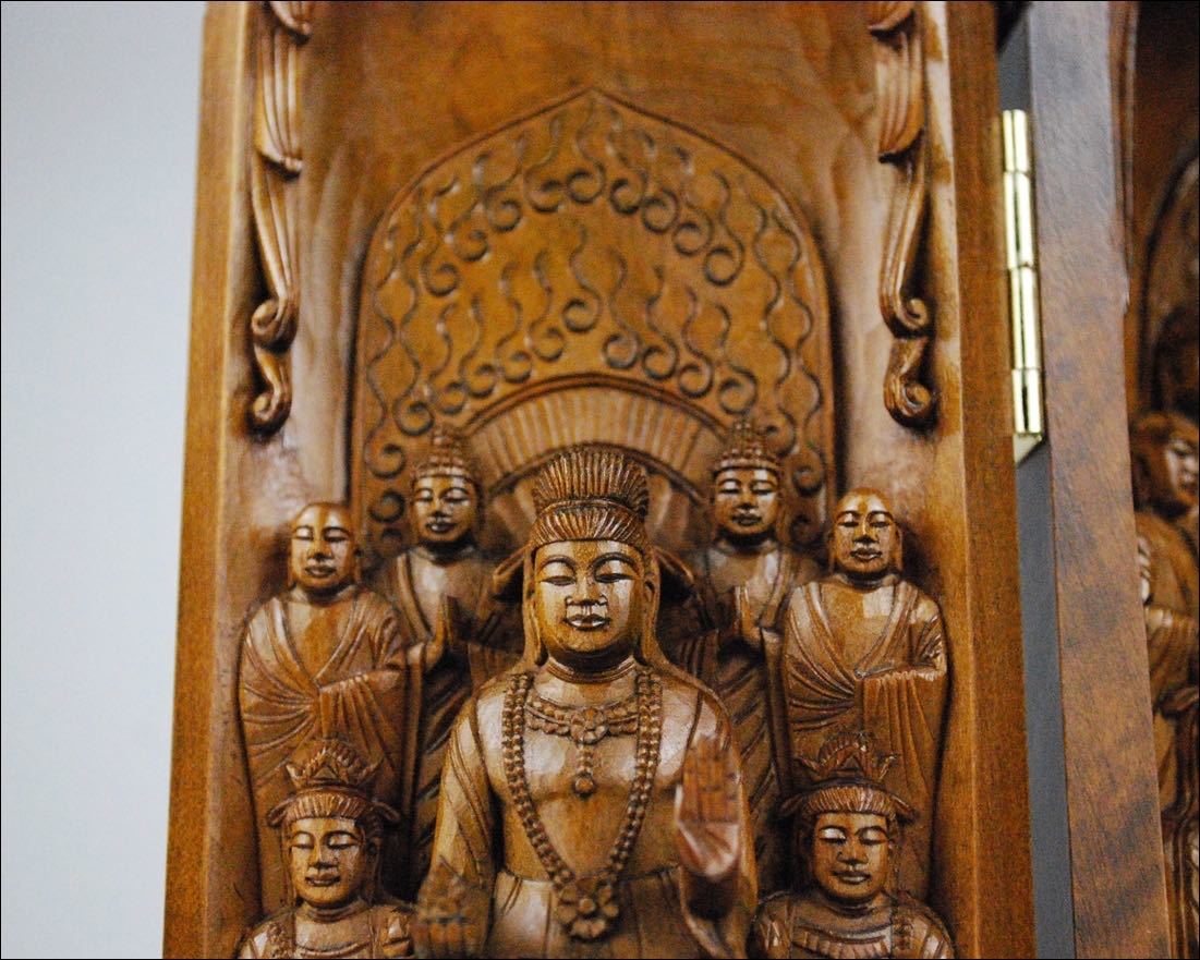 中国美術 名門 葉家 五代目【葉偉混】作 天然黄楊木 木彫彫刻 諸尊仏龕