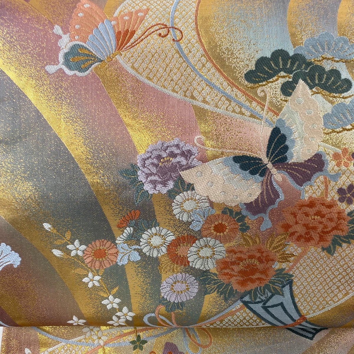 袋帯 美品 秀品 花束 蝶 刺繍 金糸 灰緑 六通 正絹 【中古】