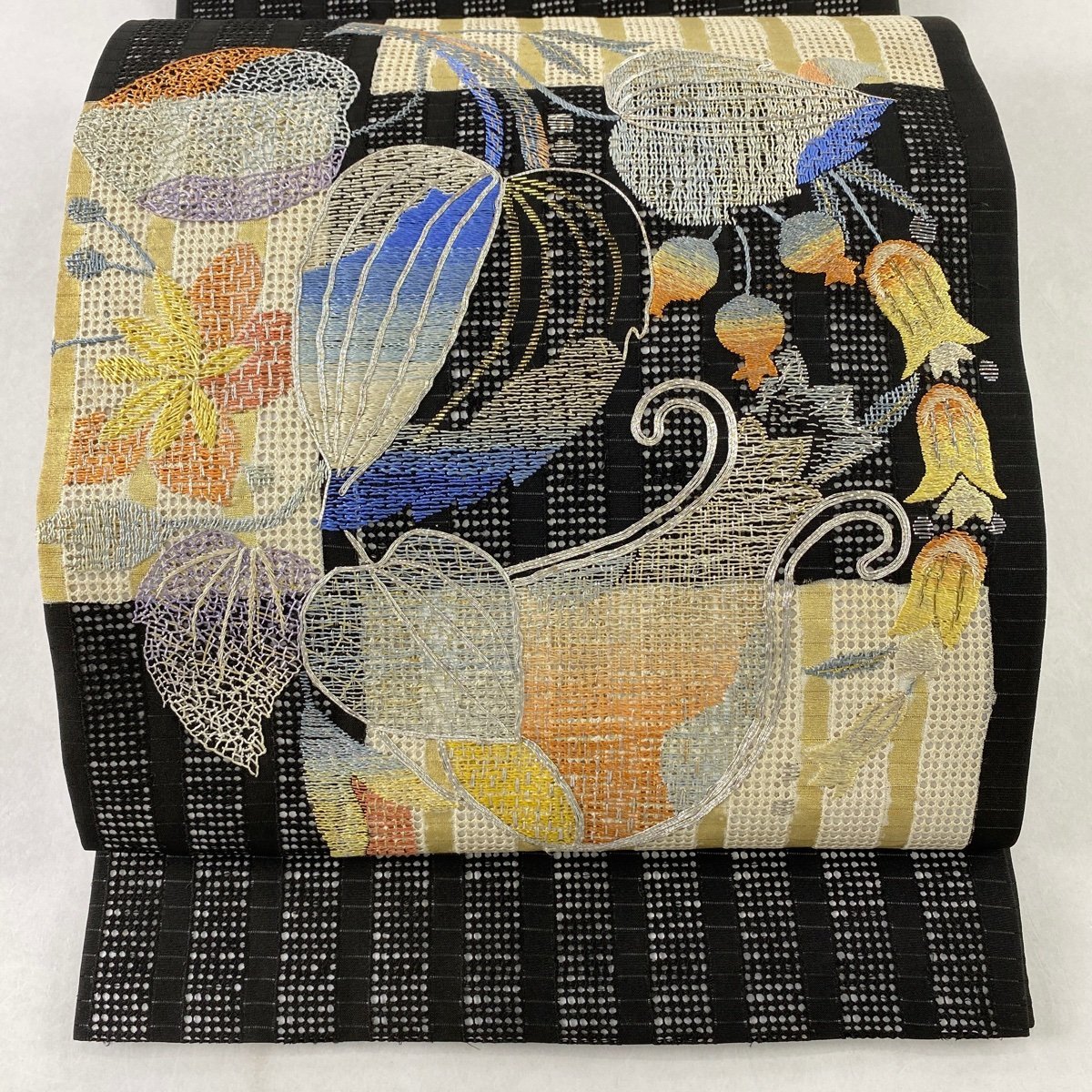 袋名古屋帯 名品 リバーシブル 夏帯 ほおずき 草花 銀糸 箔 黒 正絹 【中古】