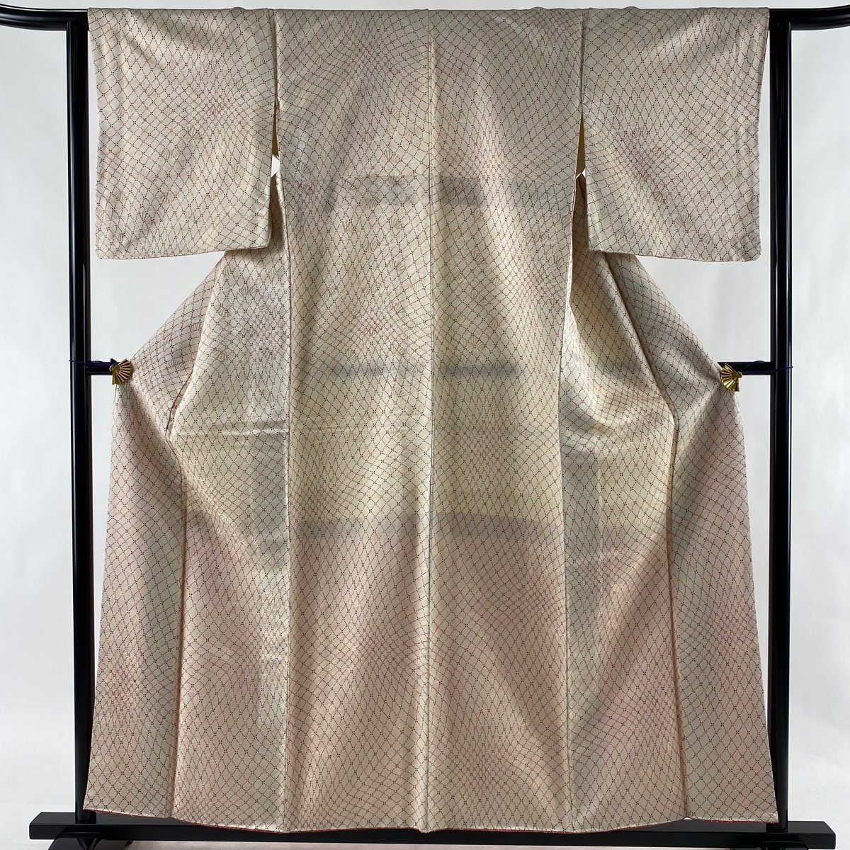 小紋 美品 優品 花 扇 金糸 薄ピンク 袷 身丈158cm 裄丈63cm S 正絹 【中古】