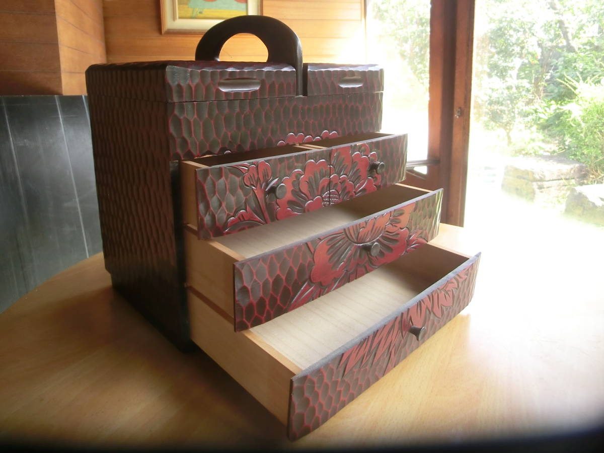 人気，得価 鎌倉彫ソーイングボックス裁縫箱木製漆器針箱小物入れ小引き出しアンティーク職人技工民芸品和道具伝統工芸手彫昭和レトロ古民具キャリー式(漆芸)｜売買されたオークション情報、yahooの その他