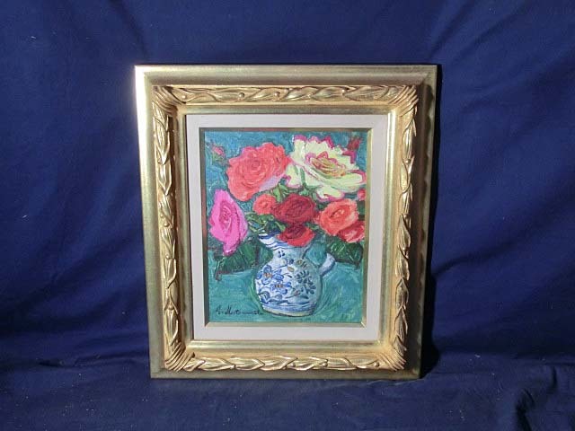 安い，SALE】 491665 油彩 松本富太郎 作 「薔薇」（F3）画家・風景画