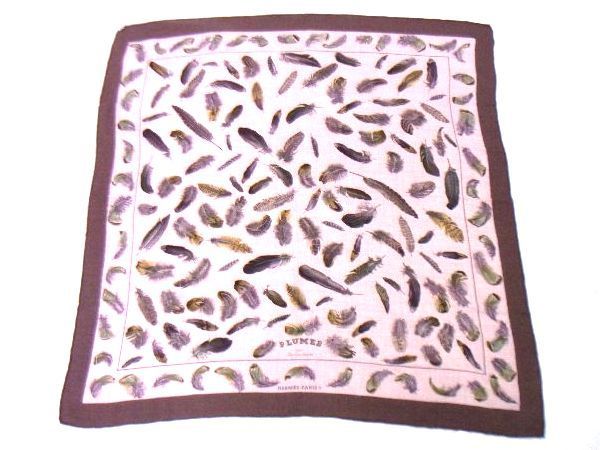 1円 ■美品■ HERMES エルメス PLUMES par henri de linareo 羽 カレ90 シルク100% 大判 スカーフ ベージュ系×ダークグリーン系 BC3719チM