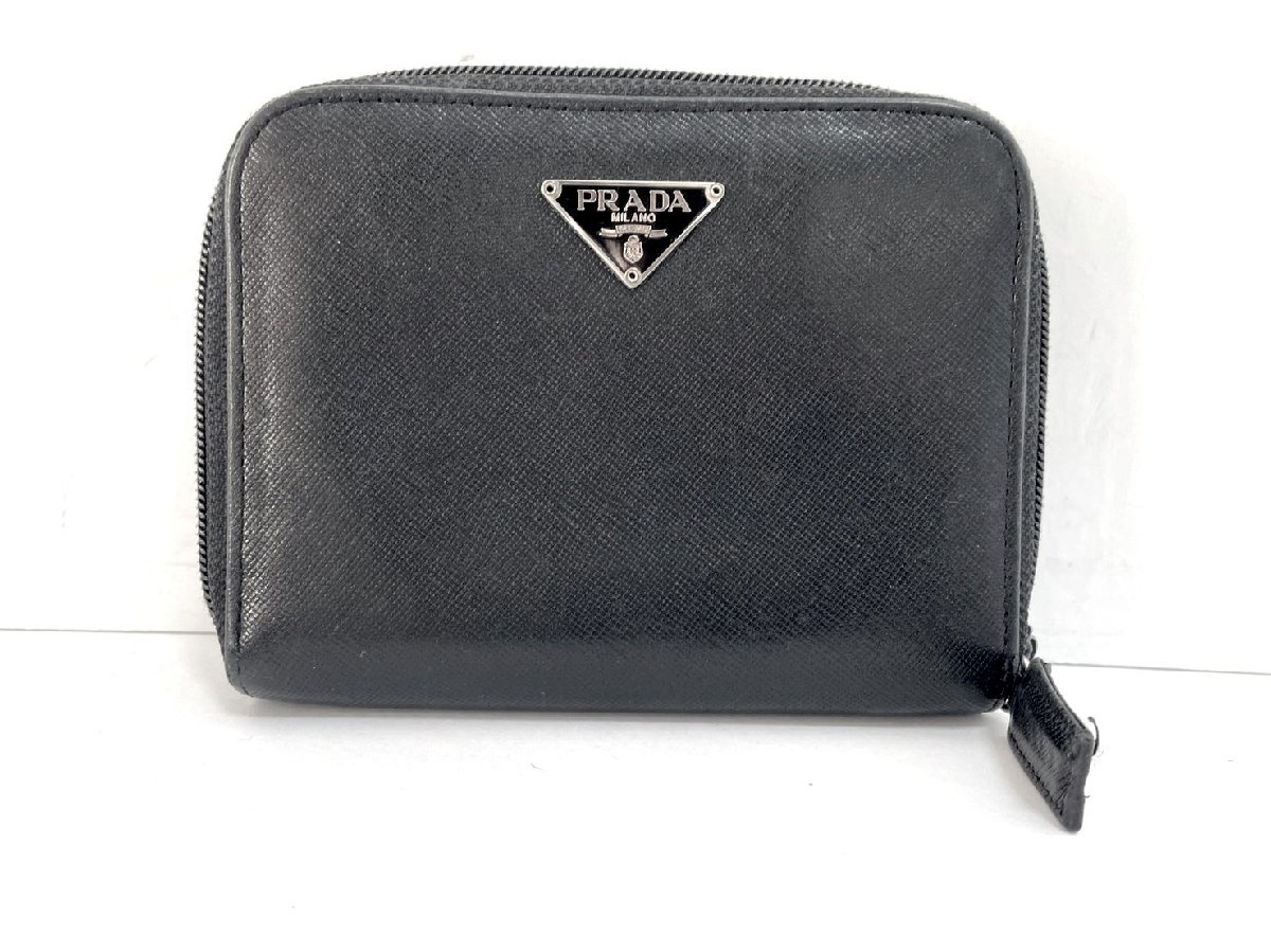 中古】PRADA プラダ ラウンドジップウォレット 財布 レザー ブラック 