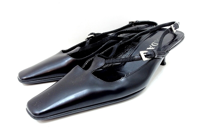 美品】PRADA プラダ ハイヒールローファー 黒 ロゴプレート 23.5cm