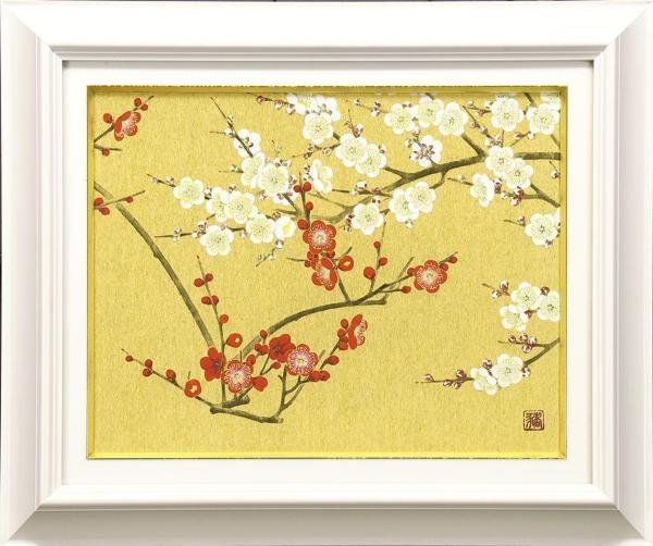 真作】【WISH】関口猪一郎「紅梅白梅」日本画 約6号 1988年作 金泥仕様