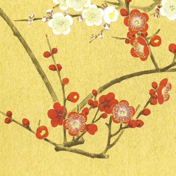 真作】【WISH】関口猪一郎「紅梅白梅」日本画 約6号 1988年作 金泥仕様