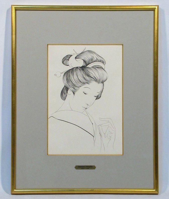 藤田嗣治 「芸者（海龍より）」 額装4号 プレート付き 実に美しい描線