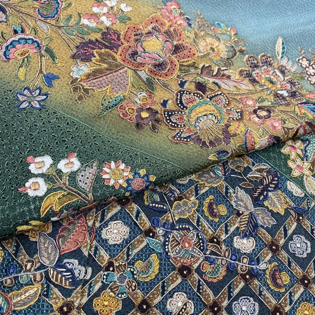着物月花 三大総刺繍 汕頭刺繍 蘇州刺繍 相良刺繍 艶やかな花 訪問着 正絹 縮緬 金糸 共八掛 きものやまと ki912