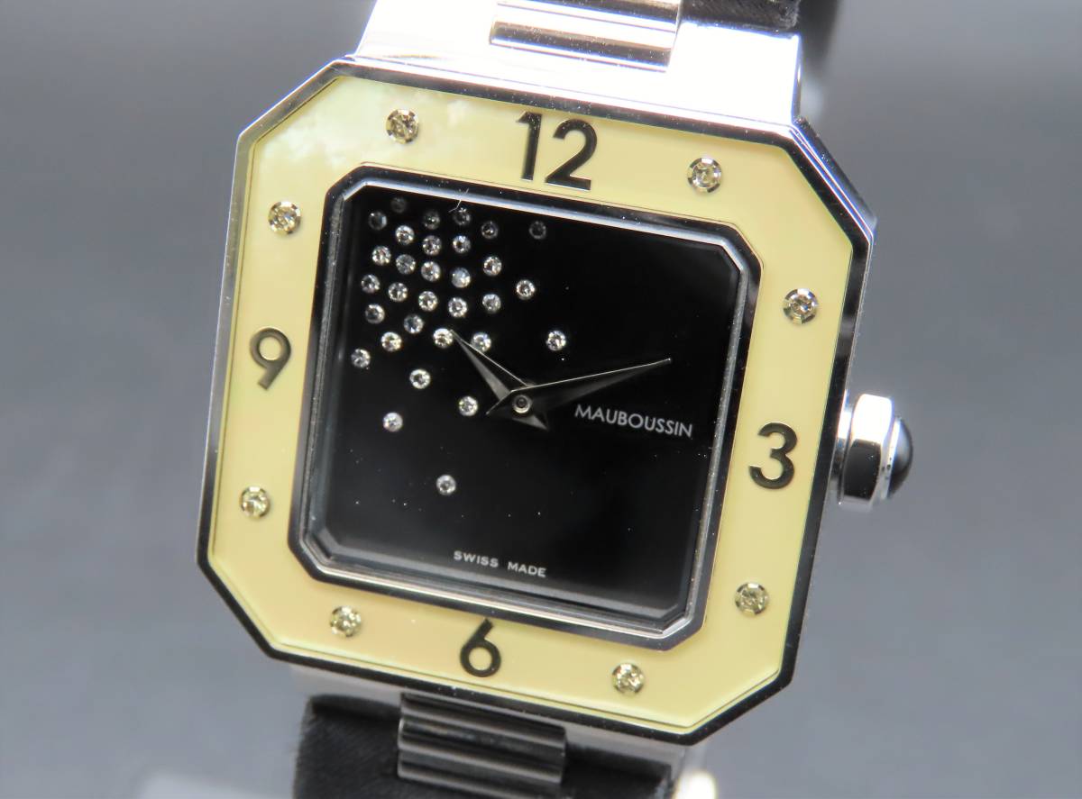 1円 稼動品★正規品 MAUBOUSSIN モーブッサン 9112111 アムールルジュール 箱付き シェル ダイヤ 純正ブレス レディース腕時計 KNNSV5370