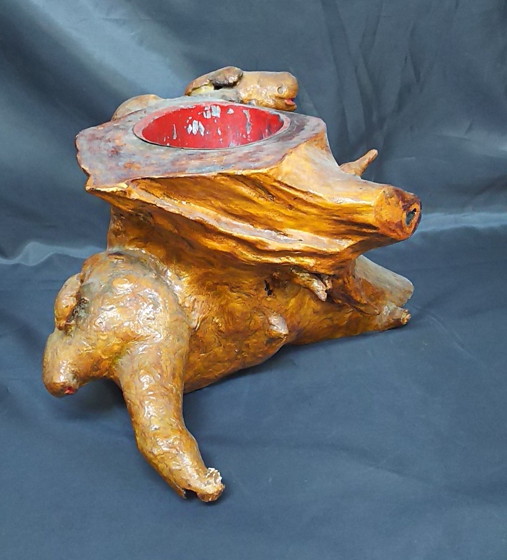 珍品 ミニ火鉢？ 犬？ 時代物 天然木 くり抜き ブリキ 骨董 古美術 
