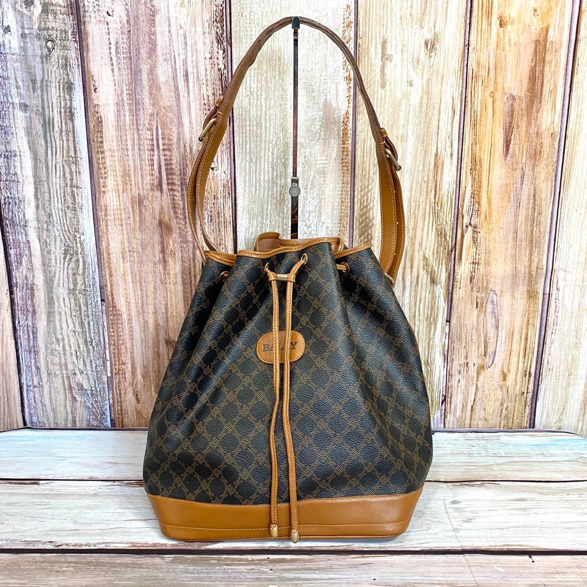 バリー　BALLY　ビンテージ　巾着バッグ　ショルダーバッグ　総柄　肩がけ　ブラック