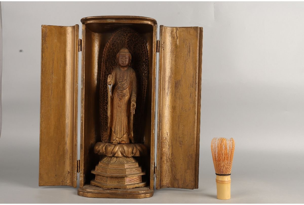 URA]廃寺買取/江戸期/木彫阿弥陀如来立像/逗子入/12-4-70(検)骨董/仏教 