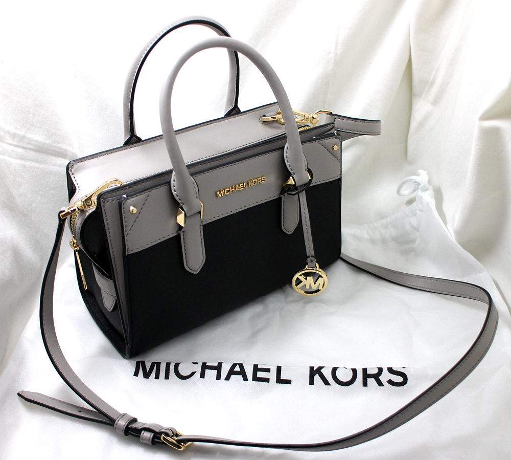 【MICHAEL KORS】マイケルコース 2WAY ハンドバッグ ショルダーバッグ チャーム付 レザー グレー×ブラック ゴールド金具　美品