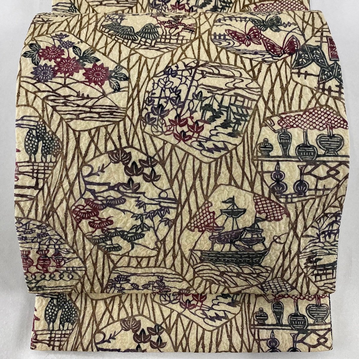 袋帯 美品 名品 やまと 風景 草花 金糸 ベージュ 全通 正絹 【中古】
