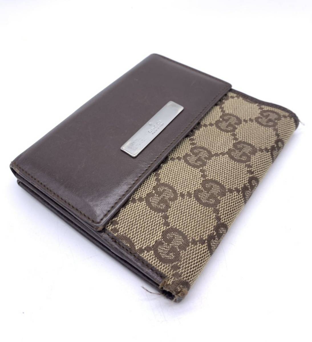 GUCCI　グッチ　折り財布　キャンバス　GG総柄　黒　レザー　ブラウン 極美品 GUCCI グッチ GG柄 キャンバス 本革 二つ折り財布 コンパクト