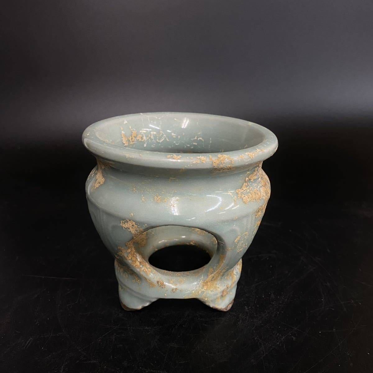 【大正・昭和初・花x香道具Set 】龍泉窯青磁 三足香炉 × 白磁剣山3way 中国 龍泉窯 青磁 唐物 置物 三足 香炉 香道具 古美術 龍泉窯