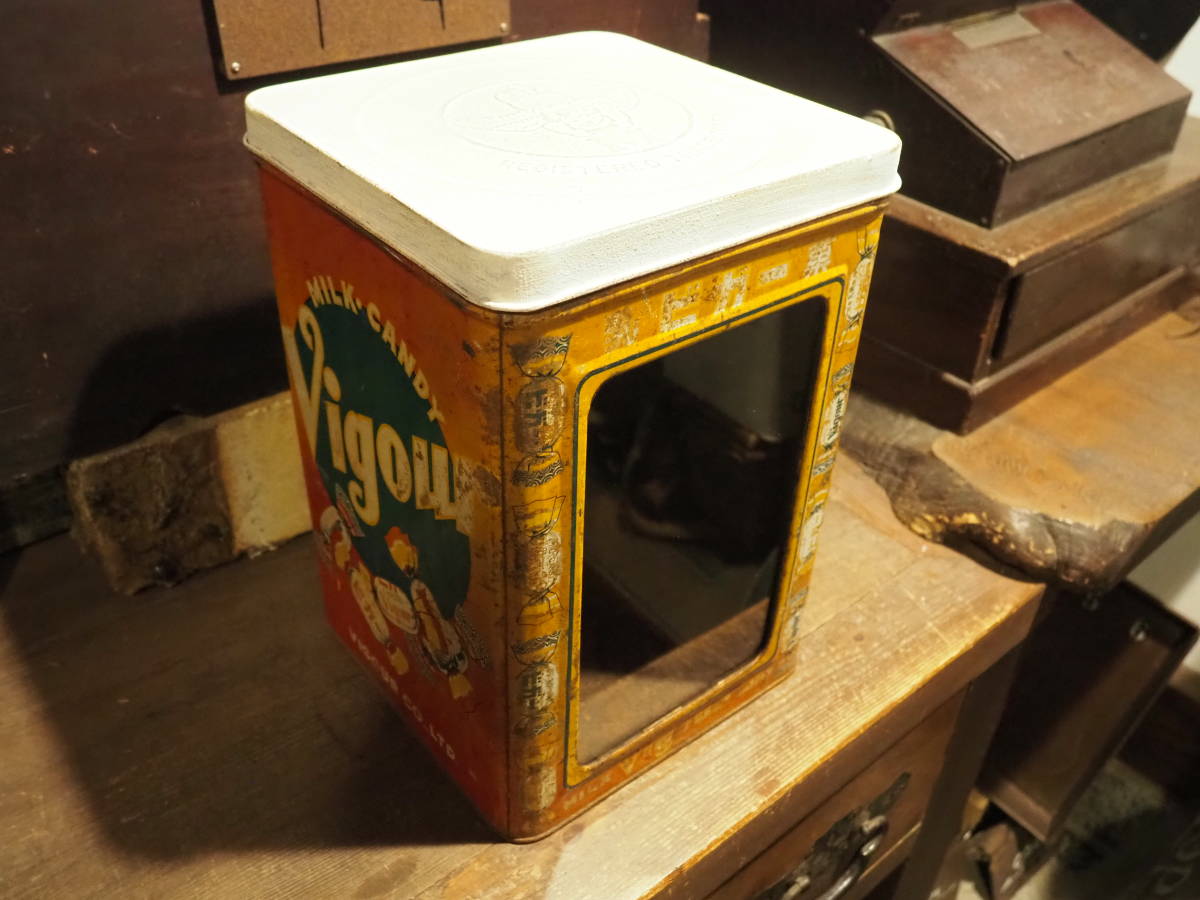 ガラス窓付きブリキ缶】駄菓子屋vigour蓋付き一斗缶アンティーク古道具