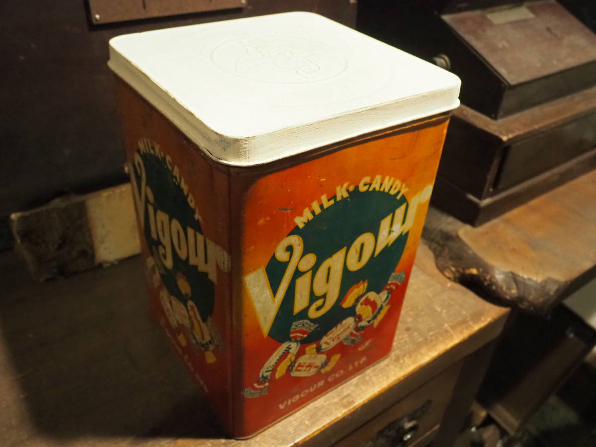 ガラス窓付きブリキ缶】駄菓子屋vigour蓋付き一斗缶アンティーク古道具