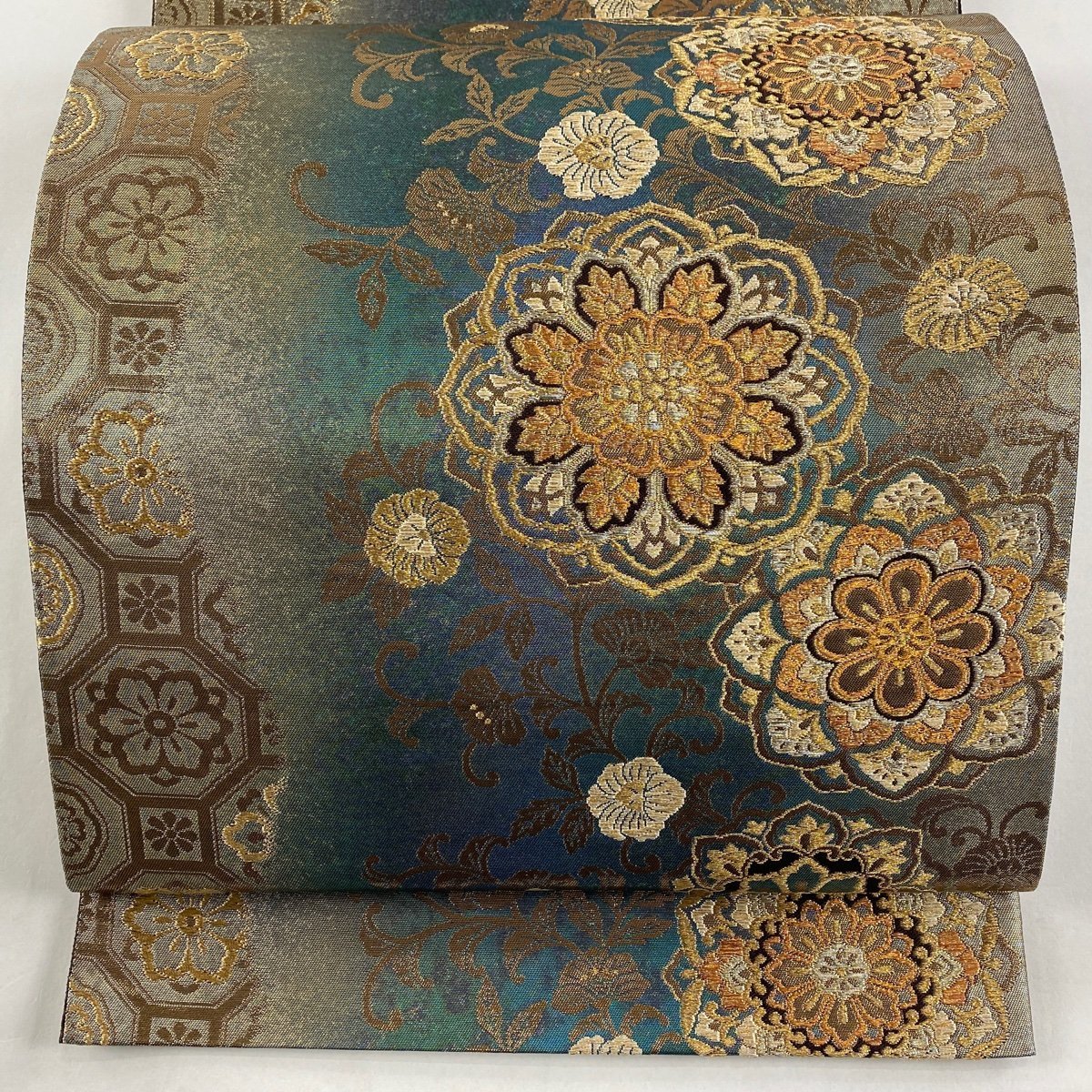 袋帯 秀品 六通 箔 花唐草 正絹 金糸 美品 華文 中古 灰緑