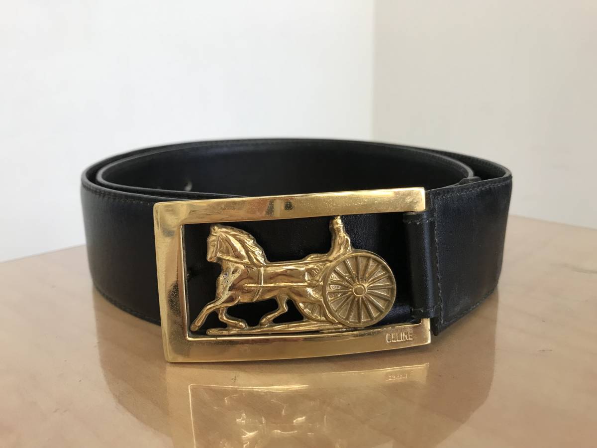 59516 CELINE セリーヌ ベルト ゴールド金具 馬車金具 レザーベルト ヴィンテージ ブラック 85