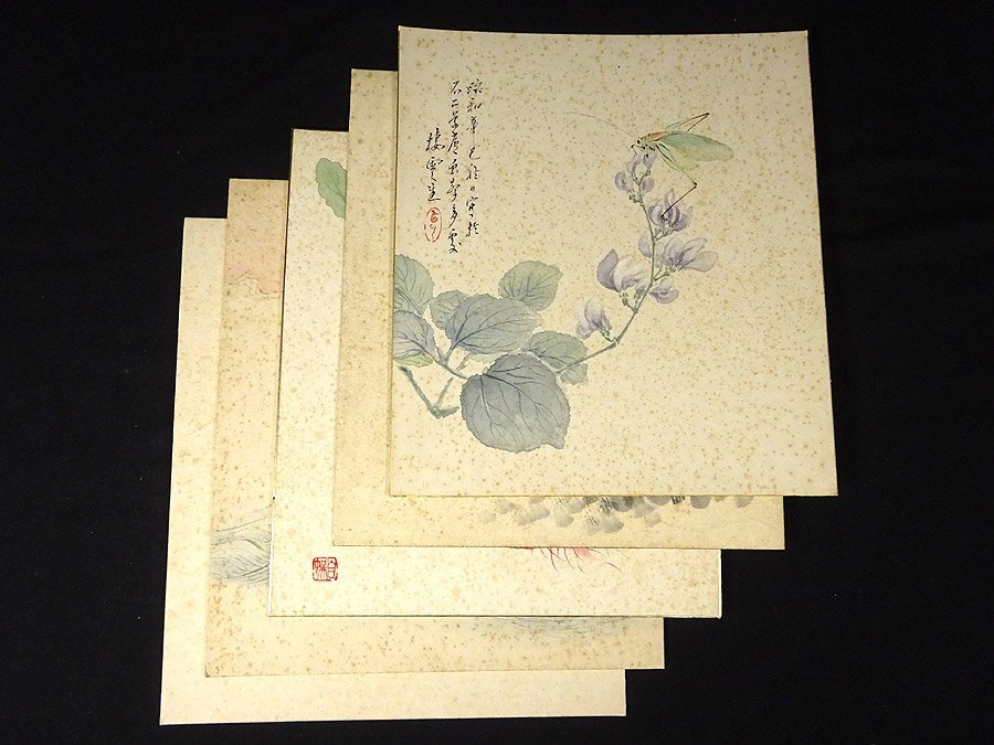 【模写】緑屋*a■ 木村棲雲（栖雲）　色紙　5枚　まとめて　花 昆虫 蟹 野菜 旭日青波図 白衣観音菩薩図　日本画　　i2h/4-391/27-2/#80