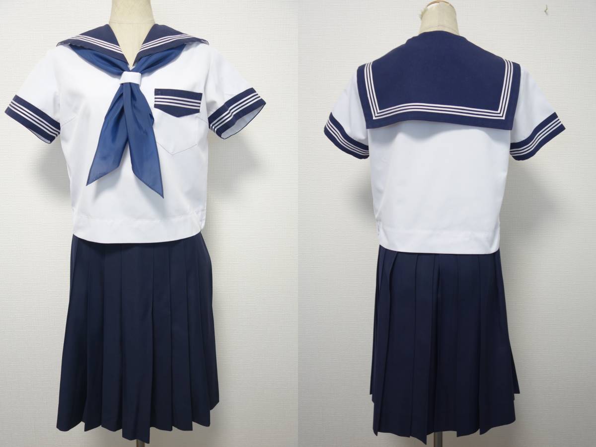 25◆紺襟＊白3本ライン夏セーラー上下/M48 W69◆茨木