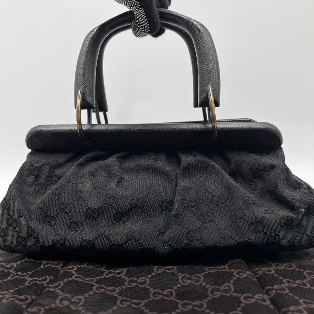 1円《極美品》GUCCI グッチ がま口 ウッドハンドル 木製 ハンドバッグ 