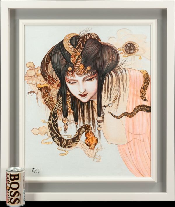 ○天野喜孝○油絵 手描き《妖魔獣鬼譚》表サイン 裏書 画廊取扱シール 