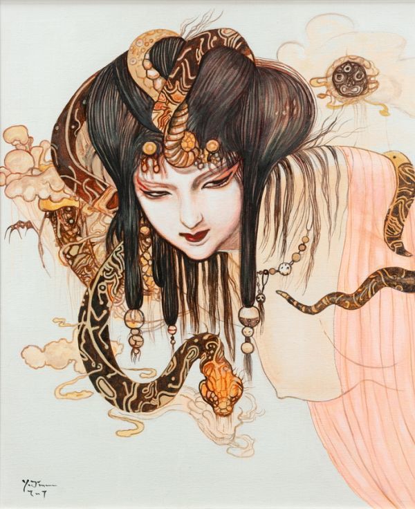 ○天野喜孝○油絵 手描き《妖魔獣鬼譚》表サイン 裏書 画廊取扱シール 