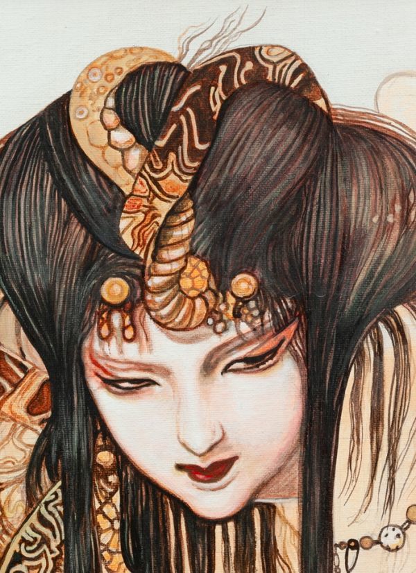 ○天野喜孝○油絵 手描き《妖魔獣鬼譚》表サイン 裏書 画廊取扱シール