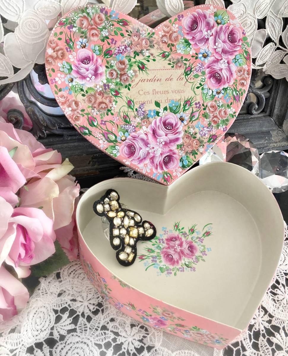 トールペイント作品 ピンクの薔薇とリボン柄 木製収納ボックス